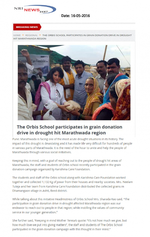 Grain Donation Drive In Drought Hit Marathwada Region - Orbis School